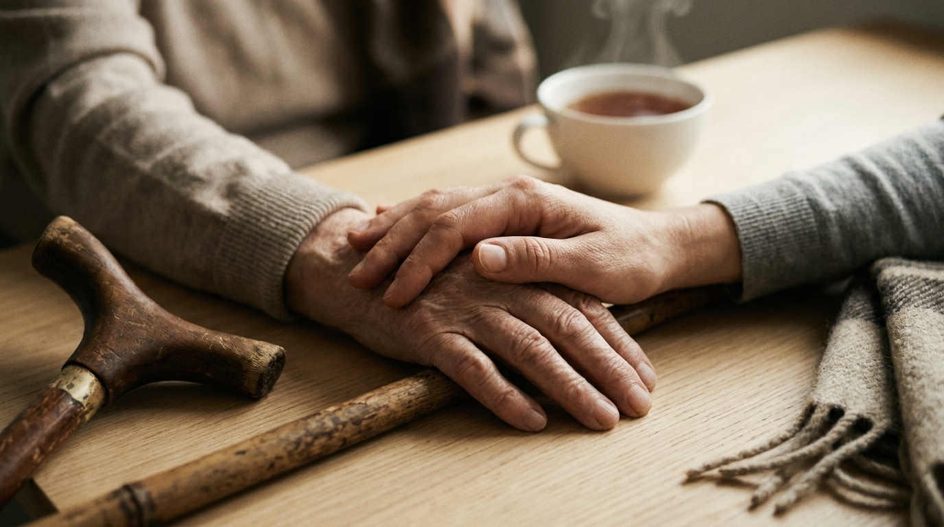 Main d'un adulte posée sur celle d'un parent âgé, autour d'une tasse de thé